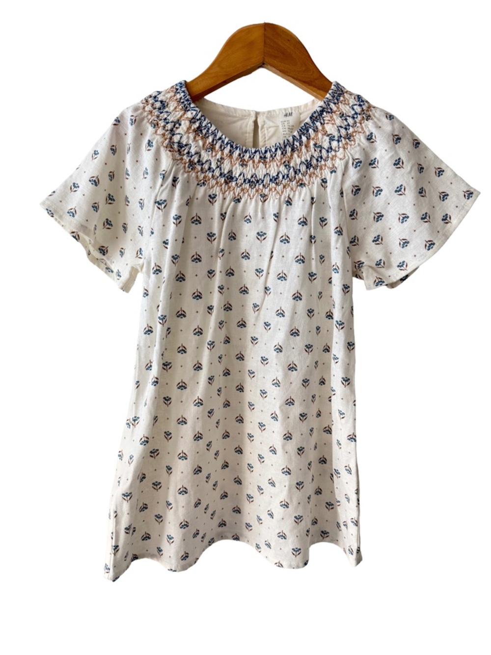 H&M White Linen Smocked Neck Dress with Blue Floral Print 2T New